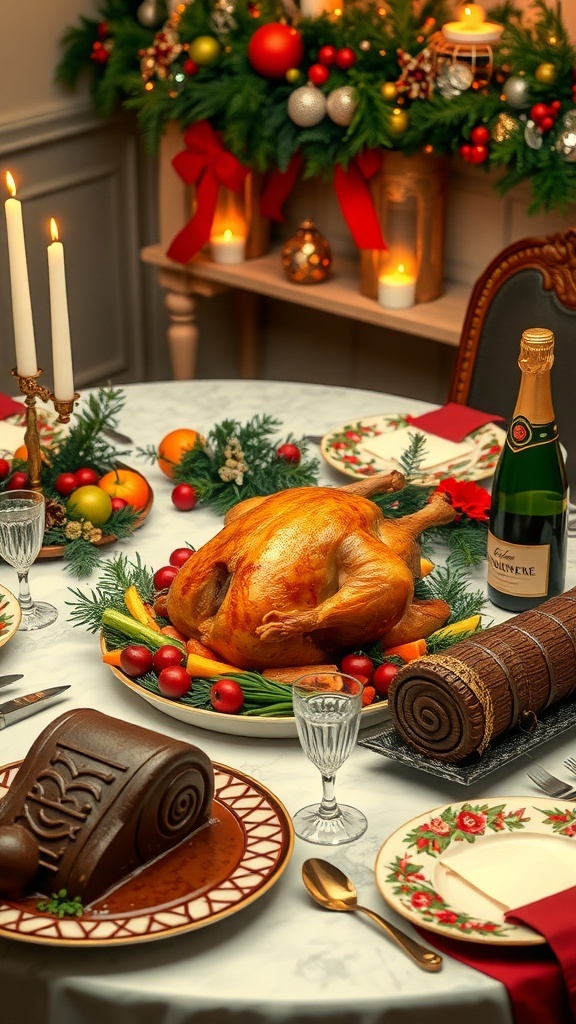 A festive holiday table with roasted turkey, seasonal vegetables, stuffing, yule log, and sparkling cider.